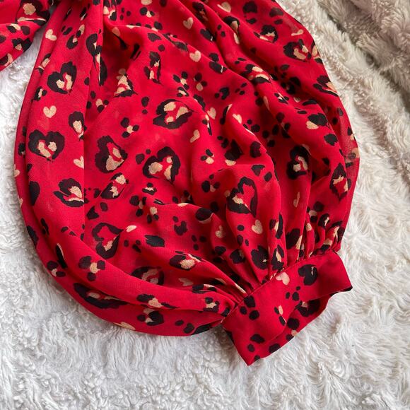 Chico’s heart animal leopard print blouse‎ tie neck bow balloon sleeve red black - Picture 7 of 17